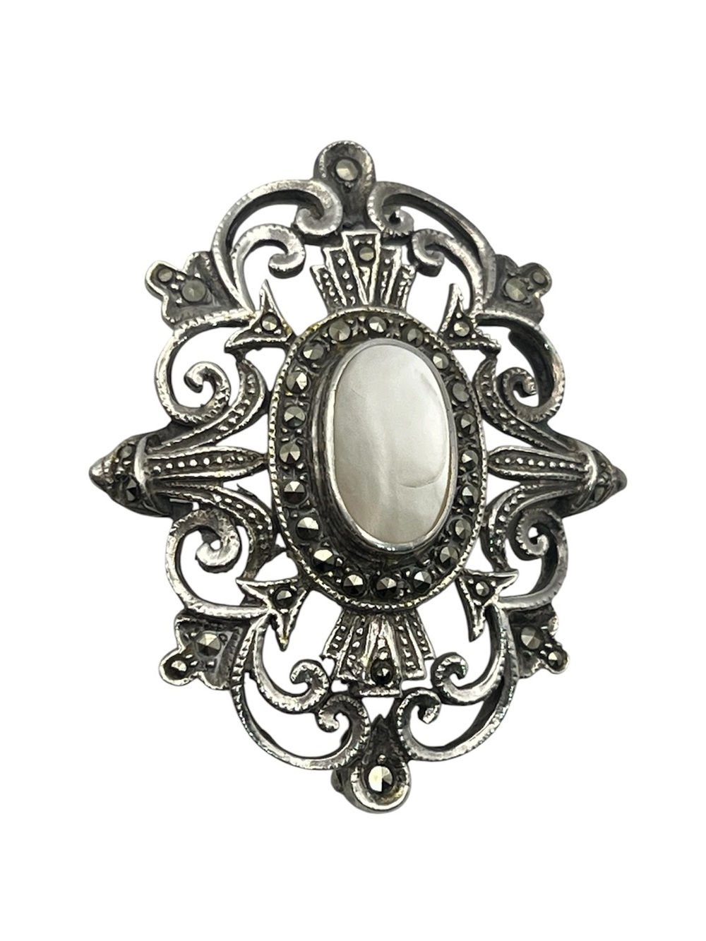 Victorian style sterling silver marcasite mother of pearl filigree brooch pin